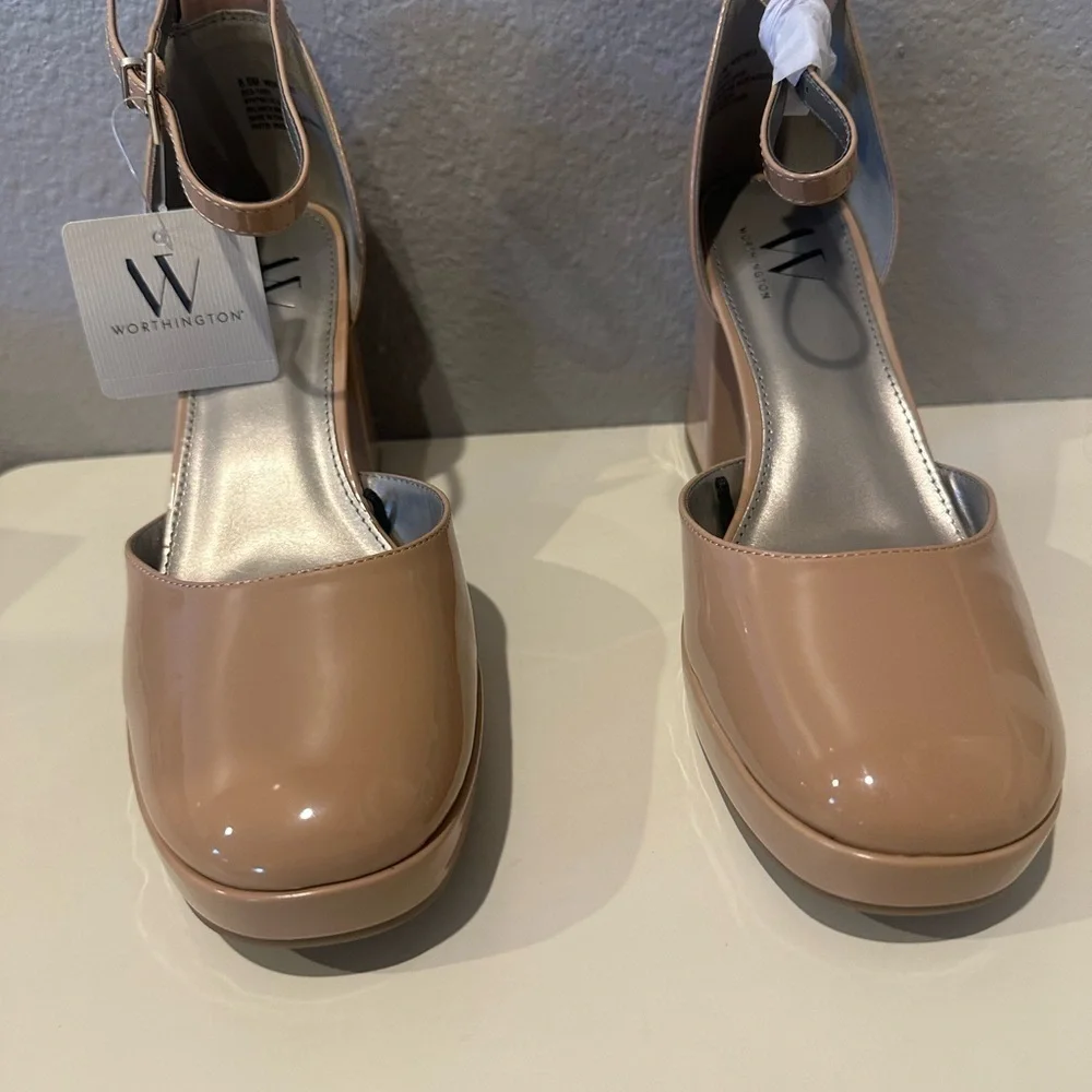 Worthington Nude Patent Platform Block Heel Pumps